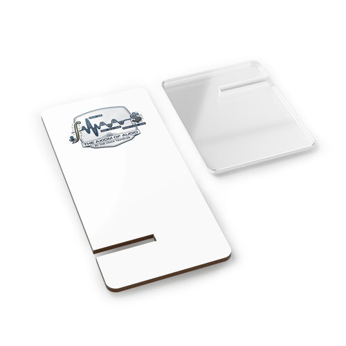 White acrylic phone stand with "The Axiom of Audio" logo, featuring a hardboard front and clear plastic leg.