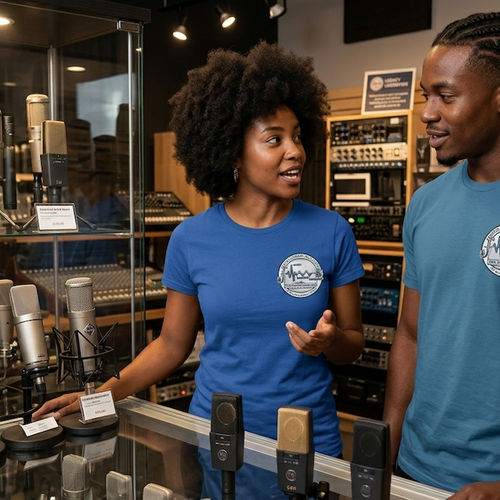Woman in blue tee with logo explaining microphones to a man in a store.
